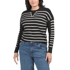 EDINBURGH KNITS Black/white Stripe Pima Cotton Blend Striped Front Sweater
